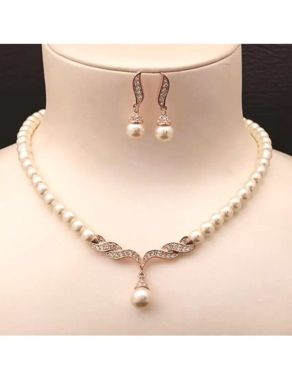 Pearl Necklace & Earrings Set Dangle Rhinestone Elegant Simple Hollywood Glam